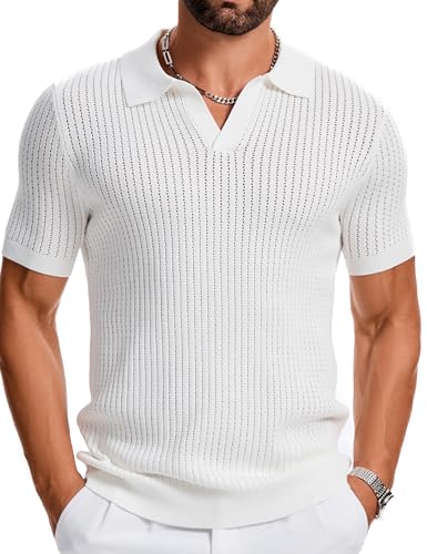 Mens Polo Shirts Ribbed Hollow Knit Polo Shirt Short Sleeve Muscle V Neck Golf Tees