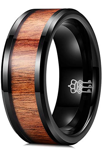 THREE KEYS JEWELRY 8mm Black Tungsten Rings, Men's Wedding Rings Brown Koa Wood Inlay Beveled Edge Wedding Band for Men Women Comfort Fit and Durable, Size 914
