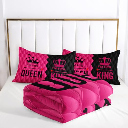 Image of AILONEN King and Queen Print Comforter Set Queen Size,3-Piece Romantic His Hers Bedding Set for Lovers Couple,Crown Mr Mrs Theme Men Women Pink and Black Comforter with 2 Pillowcases