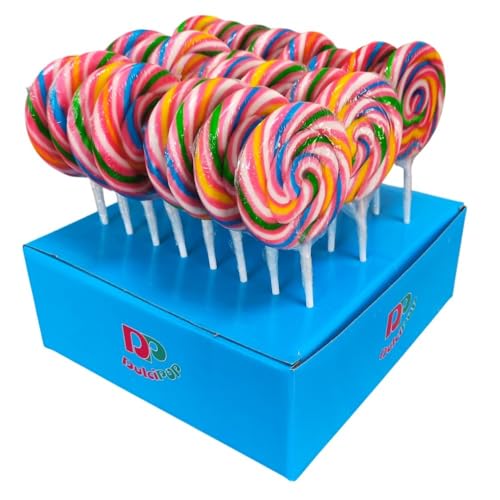 Piruletas Dulcipop Rainbow, Corazón y Redondas 50g – Sabor Fresa y Cereza, Colores Vivos, Bandeja Expositora 24 Unidades, Ideal para Eventos y Fiestas (REDONDA COLORES CEREZA)