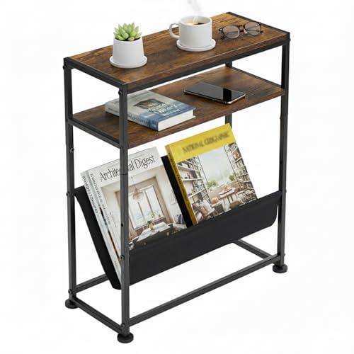 ZEXVIDA Narrow End Table with Magazine Rack, 2-Tier Slim Side Table for Small Spaces, Industrial...