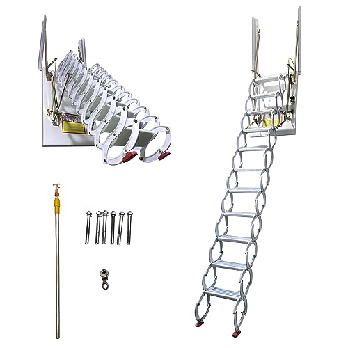 EQCOTWEA Pullldown Wall Attic Ladder Side-Mounted Wall Loft Ladder Stairs 27.5x35.4in Al-mg Alloy Wall Folding Stairs 11 Pedals Attic Extension Ladder 9.2ft Height Load 660lb Access Ladder(Pure-white)