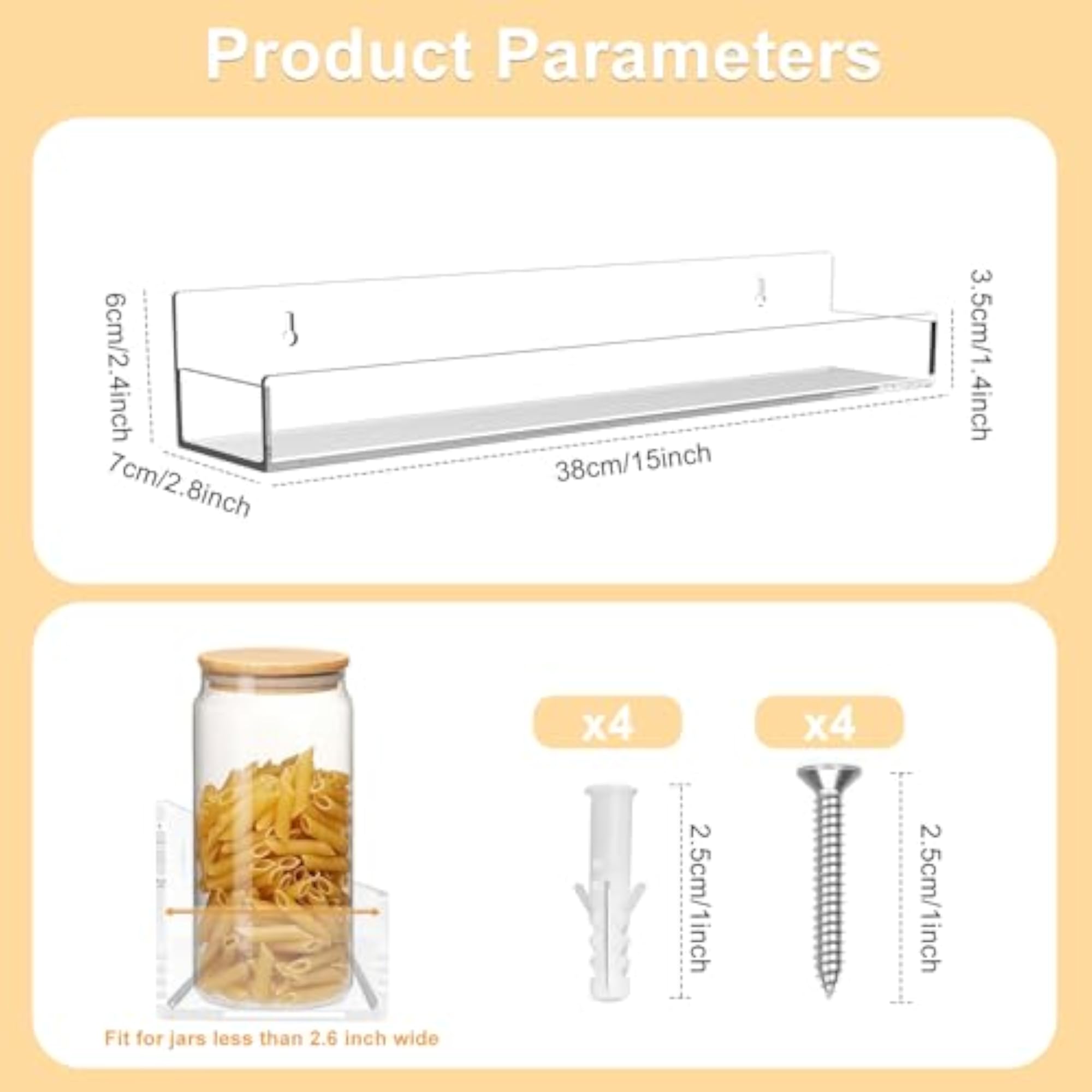 4-Pack Acrylic Spice Rack, 15 Inch Wall Mount