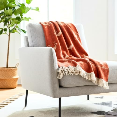 Image of Rajasthani Mandana Throw Blanket - Sacred Geometry Crow & Poppy Print, Hand-Block Cotton Bedspread /Sofa Cover - 50x60 inch, Bohemian Indian Wall Tapestry