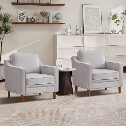 Image of Kingfun Accent Chair Set of 2, Living Room Chairs, Mid Century Reading Armchair, Chenille with Solid Wood Foot, Upholstered Modern Decor for Bedroom, Apartment