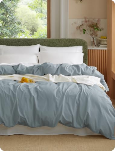 Image of Bedsure PureWoven 100% Washed Cotton Duvet Cover Only, Queen, Dusty Blue | 1 Duvet Cover, No Pillow Shams, Linen Like Textured, Lightweight & Breathable for All Seasons, Zipper Closure, 8 Corner Ties