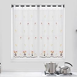 Cortinas Cocina Originales Dalina Textil - Cortina de Cocina Translúcido con Bordado, Cortina Media Altura para Cocina, Comedor, Marco de Puerta Tejido Gasa Fina(2 Piezas 100 x 140 cm, Flores)