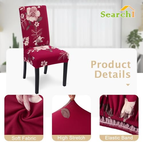 Image of SearchI Dining Room Chair Covers Slipcovers Set of 4, Spandex Super Fit Stretch Removable Washable Kitchen Parsons Chair Covers Protector for Dining Room,Hotel,Ceremony,Red+Flowers