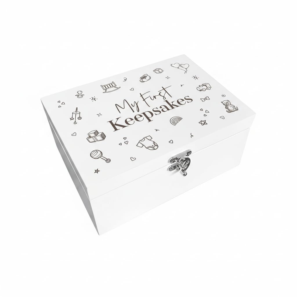 The Lovely Keepsake Company My First Keepsakes Engraved Baby Memory Box | White Wooden Storage | Gender Neutral Gift for New Parents, Baby Shower & Newborn | 30cm x 23cm x 18cm