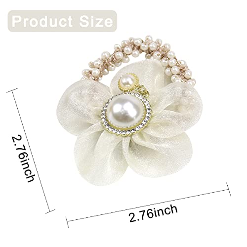 Flower Hair Ties Big Pearl Elastic Hair Scrunchies Hair Bands Stretchy Flower Big Pearl Hair Ropes Hair Loop Lace Hair Accessories For Women (Beige) #TOP7