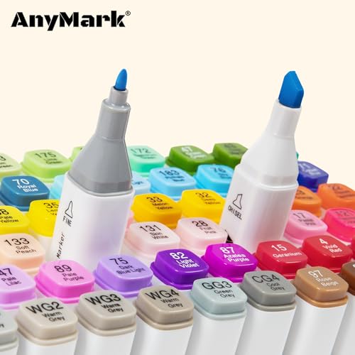 AnyMark 100 Farben Alkohol Marker, Doppelspitze Alkoholmarker mit Meißel- & Feinspitzen, zum Zeichnen, Ausmalen & Skizzieren, mit weißem Schaft