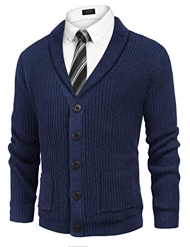COOFANDY Men's Cotton Shawl Collar Cardigan Sweaters Button Up Slim Fit Rib Knit Sweater with Pockets