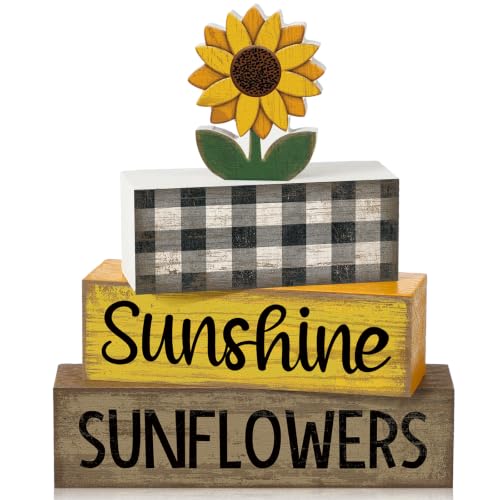 Yuntau 4 Pcs Sunflower Decorations Sunflower Wooden Sign Sunshine Table Centerpiece Summer Tiered Tray Decor Decorative Faux Book Stack Block for Coffee Table Fireplace Mantel Shelf Kitchen