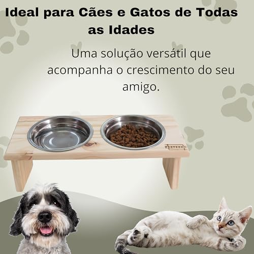 Comedouro e Bebedouro Inclinado e Elevado para Cães e Gatos, Madeira, Ergonômico, Impermeável, Inox,