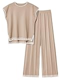 Ekouaer Womens Knit Sweater Sets 2 Piece Outfits Lounge Sets Pullover Tops Wide Legs Pants Matching Sets Khaki
