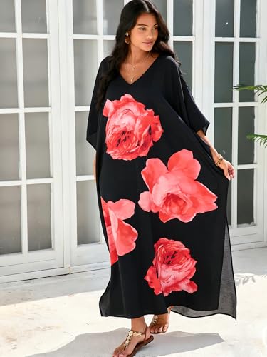 Image of Moss Rose Kaftan Dresses for Women Summer Swimsuit Cover up Caftan Dress | Moo Moos for Women, Batwing Sleeve, Plus Size Kaftan Dress, Maxi Caftan Beach Dress