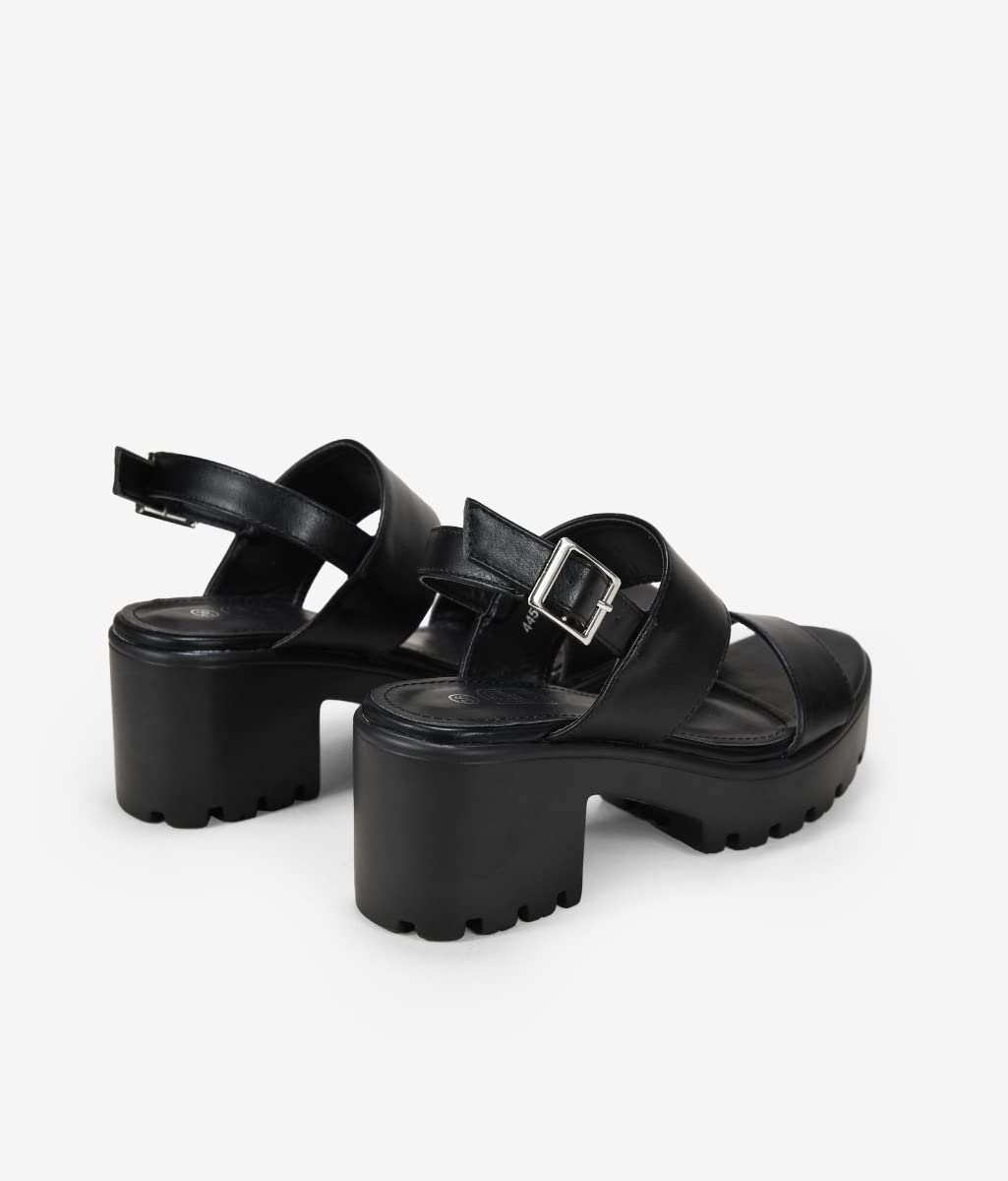 BOSANOVA Sandalias Negras con Dos Tiras Anchas al Empeine y Suela de Plataforma Dentada con tacón. Cierre de Pulsera con Hebilla. Calzado para Mujer
