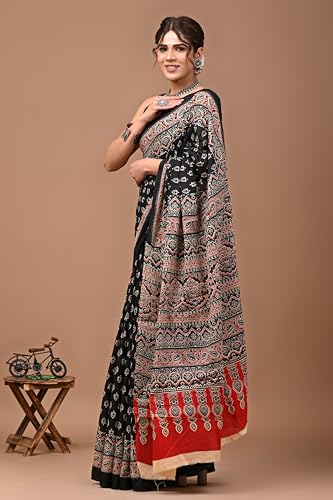Image of Crafts Moda Hand Block Ajrakh Print Cotton Saree for women with Blouse | Soft comfortable wear sari