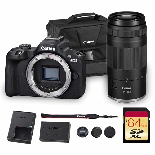 Image of Canon EOS R50 Mirrorless Camera | 24.2MP APS-C, 4K 30p Video, Dual Pixel AF II, 15fps Burst, Vari-Angle Screen, Compact Beginner Vlogging Camera (5811C002) + Canon RF 75-300mm Lens + Bag + 64GB Card