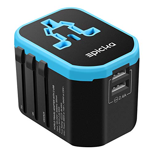 Travel Adapter - EPICKA All in One Worldwide Universal Power Adapter AC Plug Adapter with Dual USB Charging Ports for USA EU UK AUS Cell Phone Tablet Laptop (Blue)