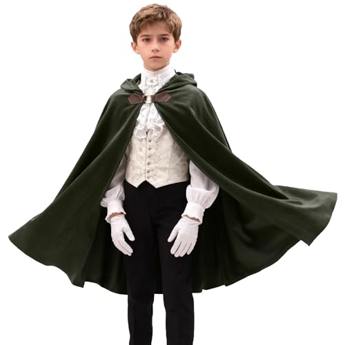 Kids Green Velvet Hooded Medieval Renaissance Cloak Cape for Boys and Girls