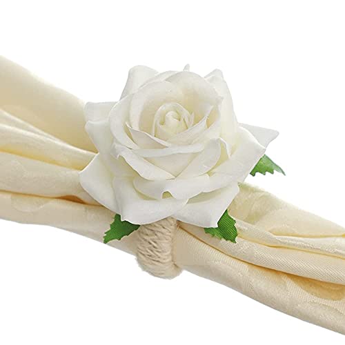 Rehobo Rose Flower Napkin Rings Set Of 6,Handicraft Silk Flower Napkin Holder, Thanksgiving,Christmas,Valentine's,Banquet,Wedding,Party,Dinner Tables Decoration (Ivory White) #TOP4