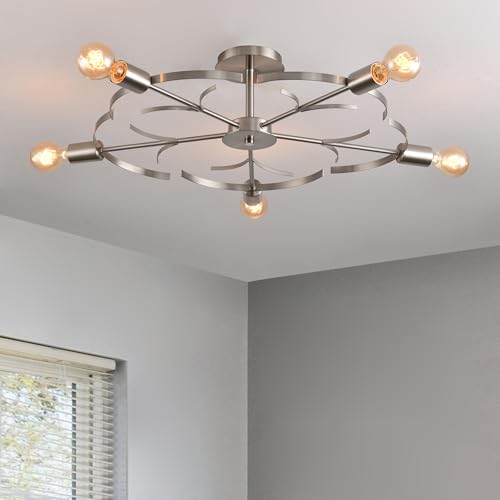 OURLOVEII Ø70 cm Vintage Wohnzimmer Deckenlampe Nickel Matt Metall Deckenleuchte 5 Flammig E27 Fassung Blumenform Wohnzimmer lampe Decke für Küche Schlafzimmer Esszimmer (Nickel) OURLOVEII Ø70 cm Vintage Wohnzimmer Deckenlampe Nickel Matt Metall Deckenleuchte 5 Flammig E27 Fassung Blumenform Wohnzimmer lampe Decke für Küche Schlafzimmer Esszimmer (Nickel)