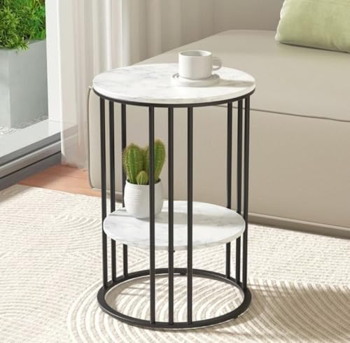 Image of 2 Tier Round Coffee Table with MDF Wood Faux Marble Top 54 x 40 cm | Gold Metal Frame | Storage Shelf | Bedside Nightstand for Living Room Bedroom Balcony Office | Black & White
