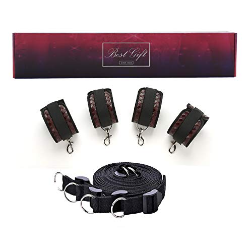 EXREIZST 4 Soft Premium Leather Cuffs Set for Hand-Wrist-Ankle Adjustable Straps Aid Training Kit, Brown