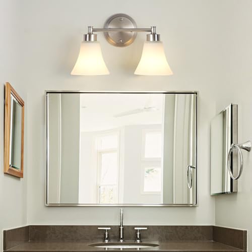 Image of LOUSACE 2 Light Bathroom Vanity Light Brushed Nickel Bathroom Lighting Fixtures Over Mirror with Opal White Frosted Glass, Vintage Traditional Wall Lighting Fixture Satin Nickel Vanity Lights