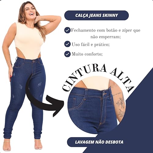 Calça Jeans Feminina Skinny Cintura Alta Com Lycra Premium Levanta Bumbum (46, Azul)