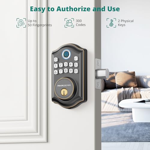 Image of AkaGear Keyless Entry Door Lock with Fingerprint - Electronic Keypad Deadbolt, Smart Locks for Front Door, Auto-Lock & One Touch Locking with Bluetooth, Password Code, APP Control, Oil Rubbed Bronze