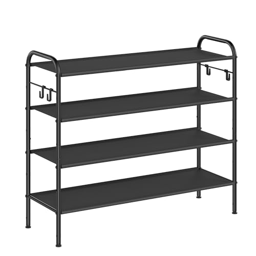 SONGMICS Shoe Rack, 3-Tier Shoe Organizer, Fabric Storage Shelf with 4 Hooks, Holds up to 15 Pairs, Height-Adjustable, for Entryway, Hallway, Closet, Easy Assembly, Ink Black 3 Tiers (33.5"W