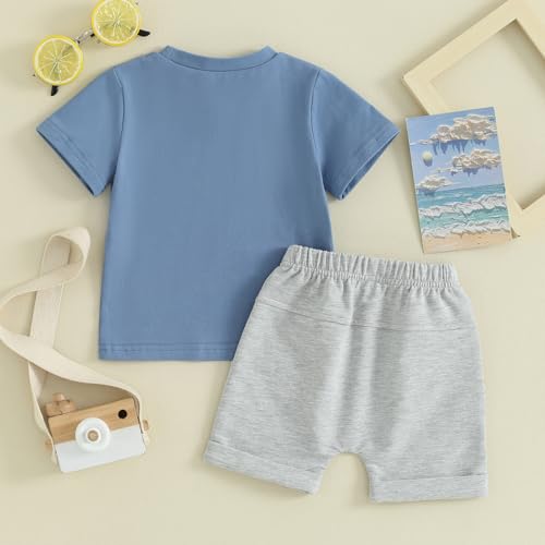 Toddler Baby Boy Summer Outfit Short Sleeve Letter Print T Shirt Top and Casual Shorts Set Cute Infant Newborn Clothes (Blue Handsome Trouble, 18-24 Months) - Thumbnail 3