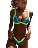 ⛱Cierre:Elasticidad. CheChury Bikini de Triángulo para Mujer Sexy Push Up V-Cuello Profundo Tops y Corte Alto de Cintura Baja Tanga Conjunto de Bikini Moda Costuras Fluorescentes Ropa de Playa