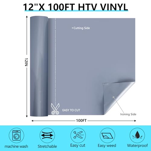 Image of HTVVETUR Gray Iron on Vinyl Roll 12 inch x 100ft, HTV Heat Transfer Vinyl, Easy Cut Weed Vinyl for DIY T-Shirt Crafts & Cutting Machines (Gray, 100ft)