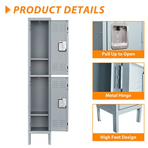 Image of Metal Storage Locker, Lockable Employees Metal Locker with 2 Doors, 65.98 inch Height Steel Locker for Home, Dressing Room, Office, Gym (Grey)
