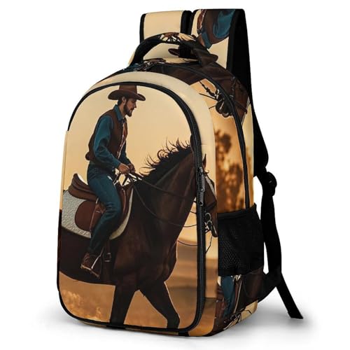 Heavy-Duty Backpack with Side Pockets, Cowboys Riding Horses in The Evening Print Durable Backpack Ideal for Travel, And Outdoor Adventures
