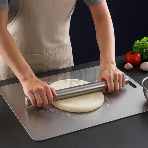 Image of Rectangle 304 Stainless Steel Chopping Board | with 2 Steel Straw & Anti-Skid Silicon Pads | Non Slip | for Cutting Vegetables, Meat,Fish,Fruits | X-Large | 50 x 31 cm
