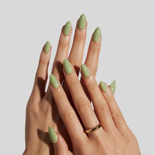 LAMIMOSA 32Pcs Sage Green Press On Nails Short Almond Soft Gel Solid Color Fake Nails in 16 Sizes Solid Green Glue on Nail kit Sping Summer False Nails Stick On Nails SAGE