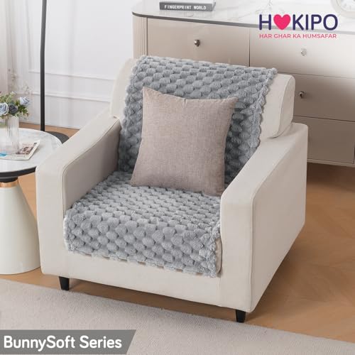 Image of HOKIPO Sofa Cover for 1 Seater Sofa | Thick Bubble Fluffy Rabbit Wool Plush Sofa Throw | Full Protection for Seat and Back | 'BunnySoft Series' (180x60 cm), Moon Grey (AR-6666-GRY)