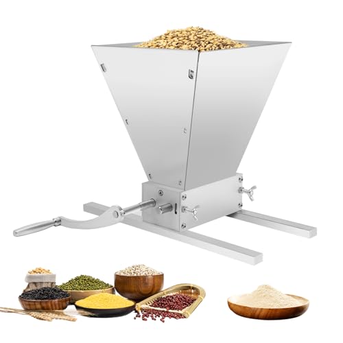 Premium Grain Mill Grinder, 4L (11LB) Heavy Duty Malt Mill, Dual Crushing Modes (Hand Crank & Electric Drill) Adjustable for Barley, Wheat, Home Brewing Beer w/Stainless Steel Rollers & Stable Base