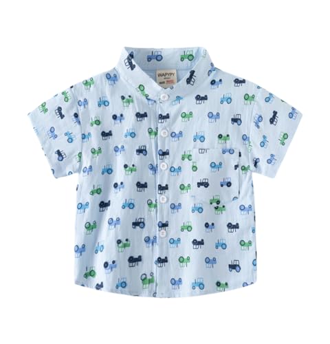 Toddler Baby Boys Lapel Short Sleeves T-Shirt Button Car Cartoon Printed Infant Polo Pullover Lovely Little Kids Tops (Blue,90/18-24 M,24 Months,18 Months,Unisex,Big Kid,US,Age)