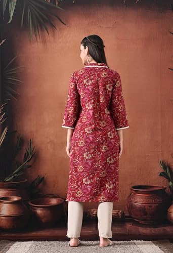 Image of Ichaa Women's Pure Cotton A-Line Ethnic V-Neck Kurta with 3 /4th Sleeve for Daily and Office Wear, in Plus Sizes