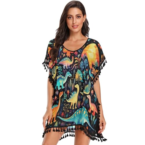 Black Art Colorful Dinosaurs Women's Beach Cover Up Chiffon Tassel Swimwear Swimsuit Coverups for Girl