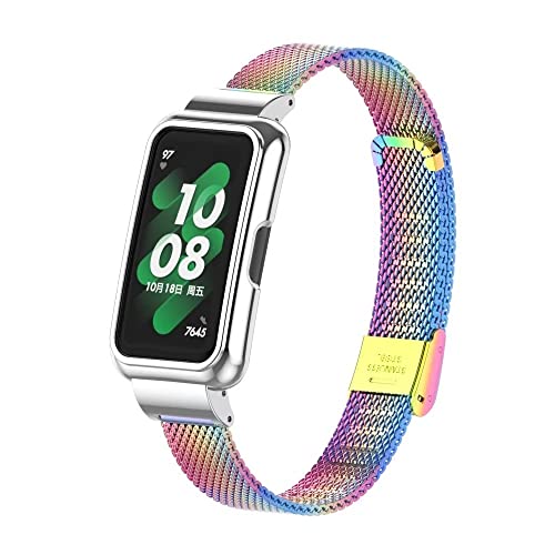 T-BLUER Compatible for Huawei Band 8 Strap,Stainless Steel Metal Replacement Band Bracelet Wristband Accessories with Metal Frame for Huawei Band 7/8/9 Rainbow - Image 2