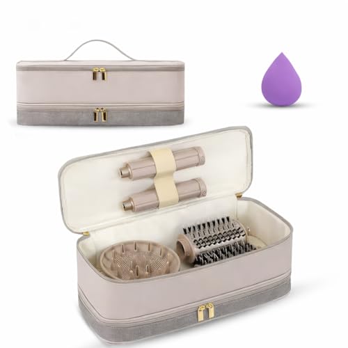 Image of OCEANEVO 2 Layer Travel Pouch for Dyson Airwrap with Makeup Sponge | Hair Accessories Tools Organizer Storage Bag (Bag Only) | 34 x 15 x 16 Cm - Beige Grey - 1 Year Warranty