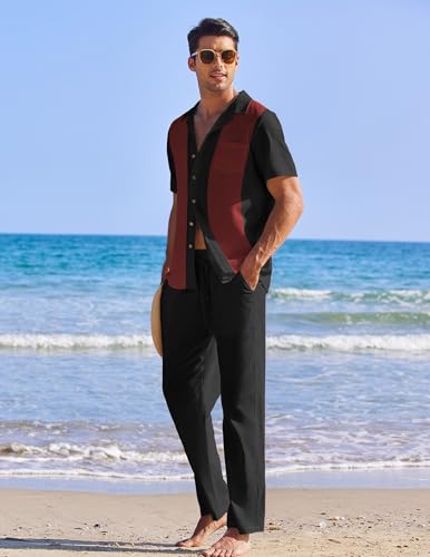 Image of COOFANDY Men 2 Piece Linen Outfit Beach Button Down Shirt Casual Loose Pant Sets
