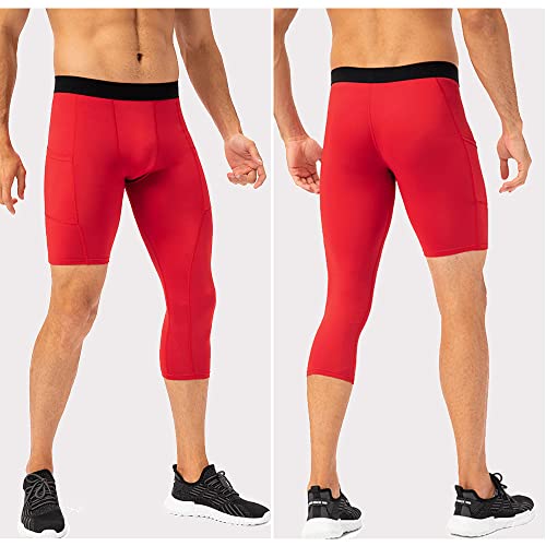 Men's Compression Tights Basketball,One Leg Compression Pants For Mens With Pocket Running Atheltic Leggings Active Base Layer Underwear (Red,Xl) #TOP5