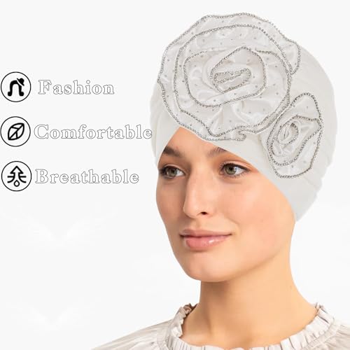 Bohend African Black Turban Flower Stretchy Women Head Wraps Rhinestone Elastic Head Scarf for Head Covering3